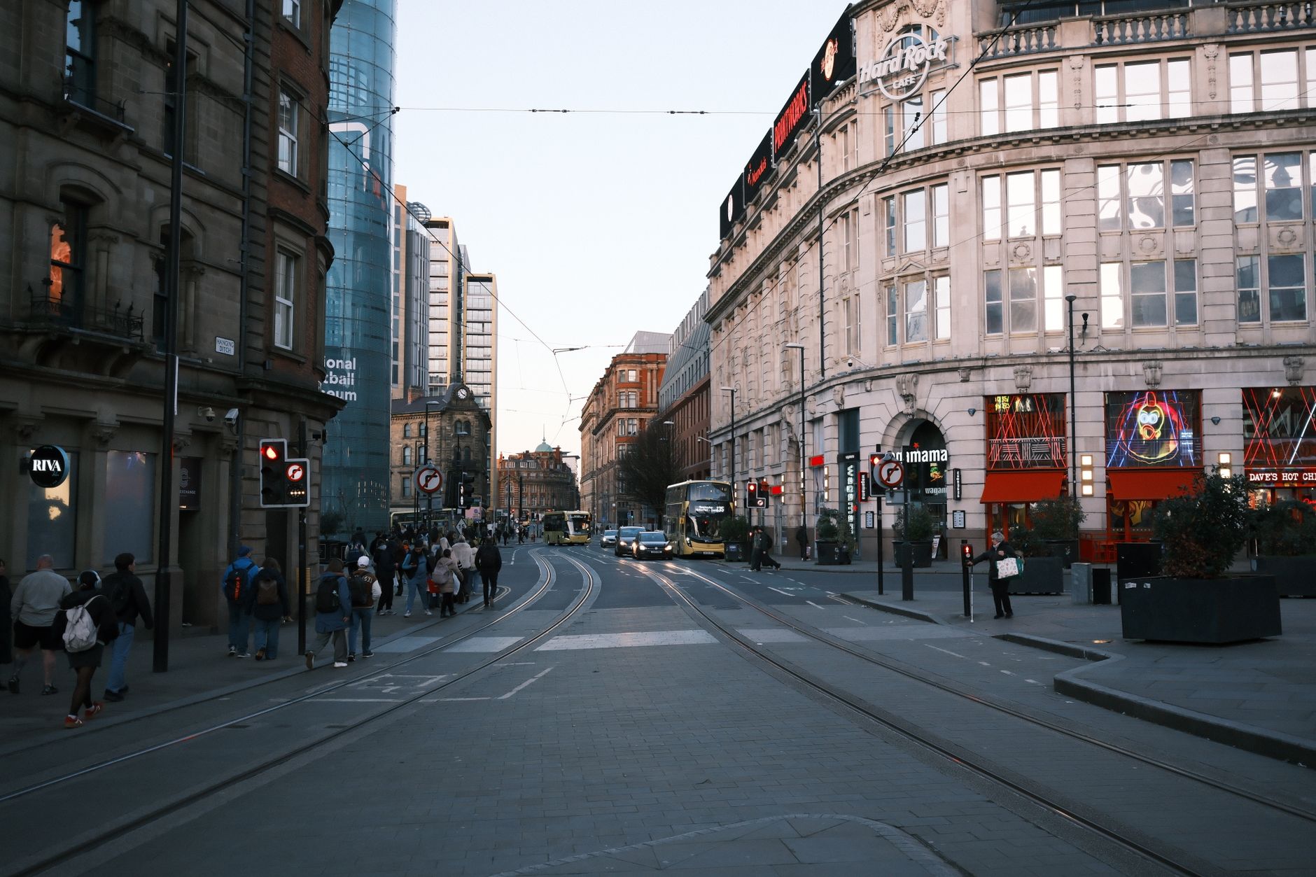 Street with shops and cafes in Liverpool cultural quarter
